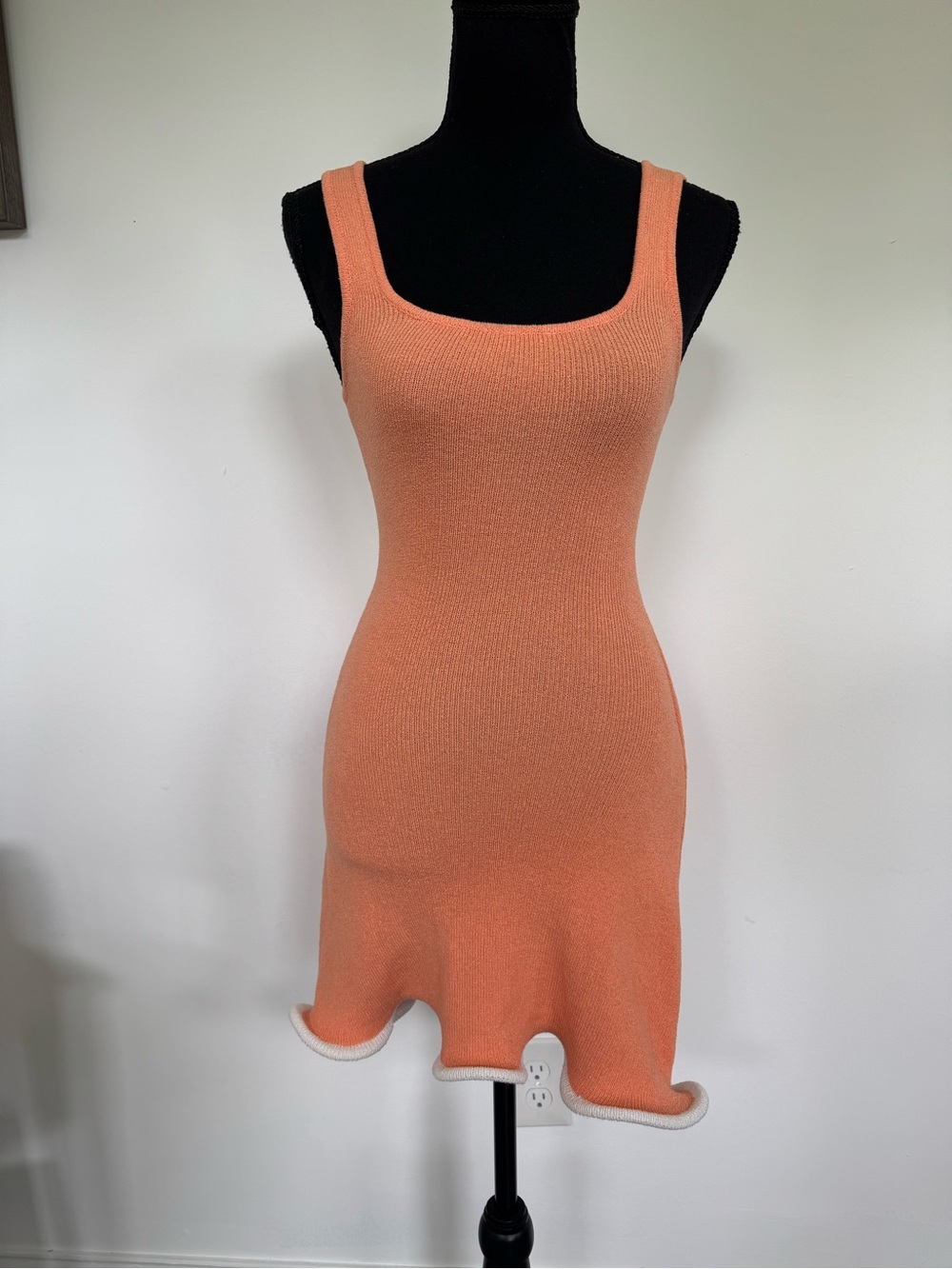 Just Peachy Mini Dress - Sleeveless Peach Knit Bodycon Dress with Ruffle Hem
